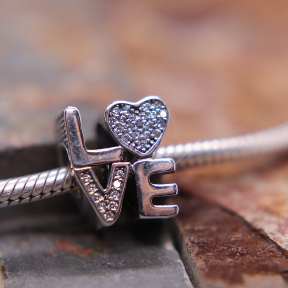 LOVE with Heart Bracelet Charm - S925 Sterling Silver Fits Pandora - Picture 2 of 5